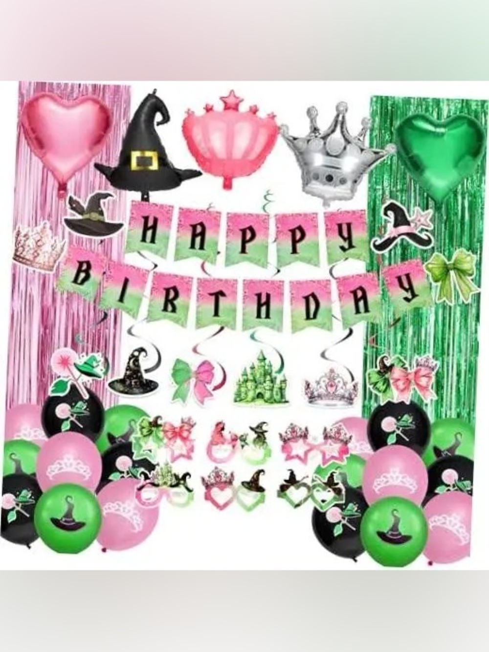 Princess Witch Themed Birthday Party Decoration Kit - Pink & Green